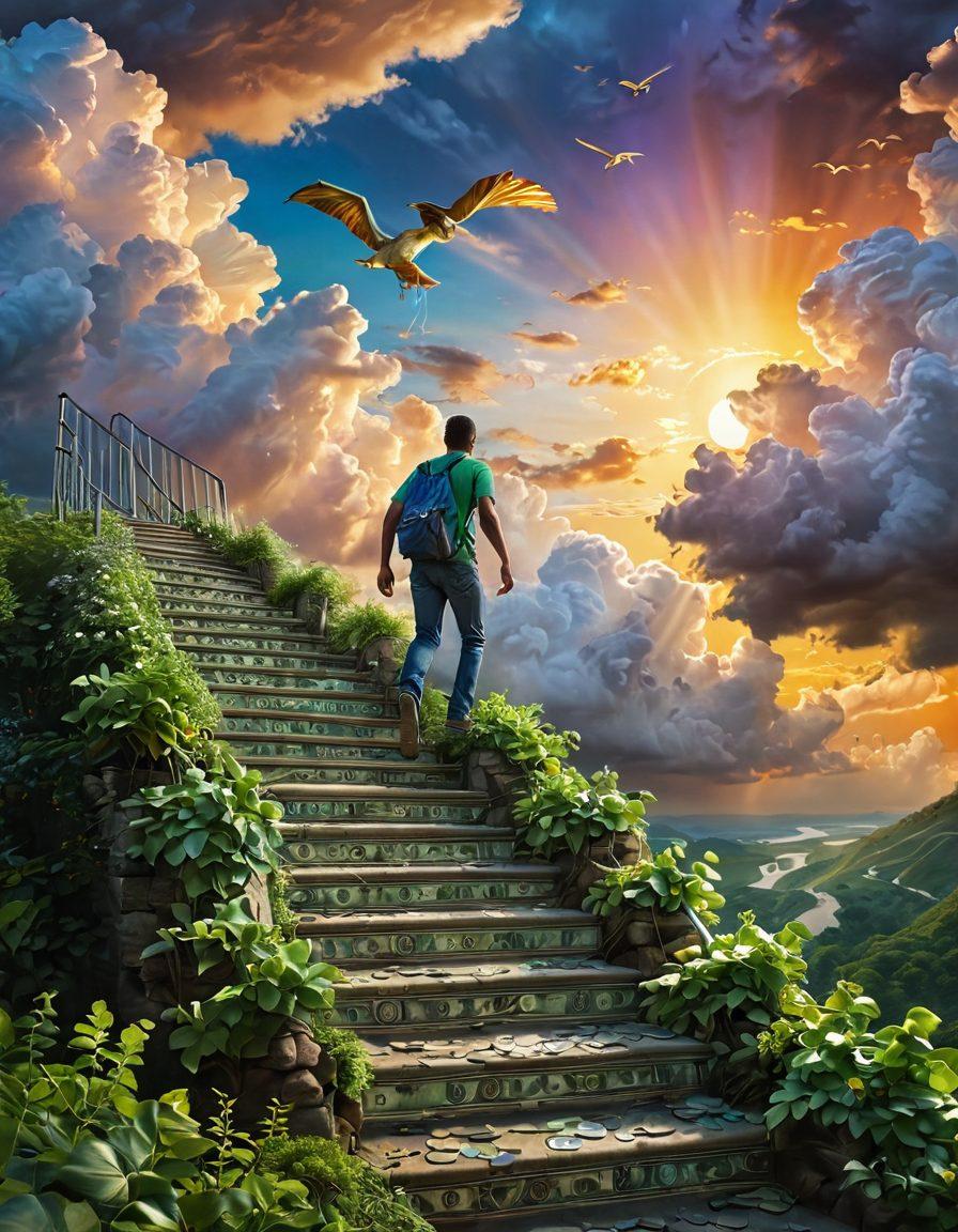 A journey from darkness to light, depicting a person climbing a staircase made of money, surrounded by billowing clouds symbolizing debt transforming into prosperity. In the background, a lush green landscape symbolizes financial growth, with a glowing credit score bar rising above. Incorporate a vibrant sunrise to signify hope and new beginnings. super-realistic. vibrant colors. inspirational.