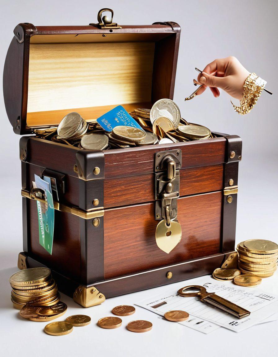 A key unlocking a treasure chest filled with coins and credit cards, symbolizing financial freedom. In the background, a glowing graph indicating rising credit scores. Soft light illuminating the scene, creating a sense of hope and opportunity. Include motivational elements like a checklist and an open book with financial tips. super-realistic. vibrant colors. white background.
