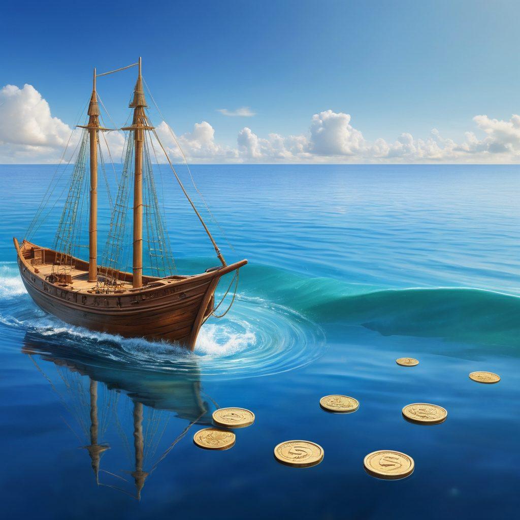 A serene scene of a steady ship sailing through calm financial waters, with a compass symbolizing guidance and direction floating above. Money-related icons like coins and dollar bills are gently cascading like waves around the ship, symbolizing credit restoration and loan solutions. In the background, a clear blue sky represents clarity and optimism in financial journeys. super-realistic. vibrant colors. slight watercolor effect.